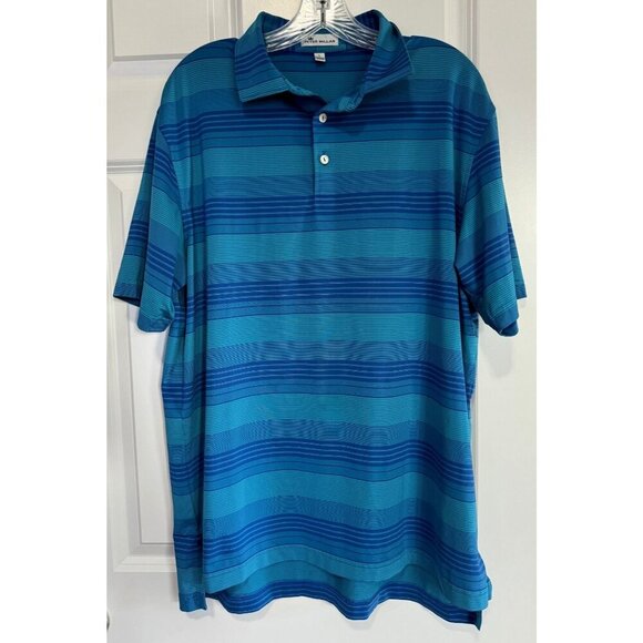 Peter Millar Short Sleeved Golf Polo Shirt Aqua Royal Blue Striped Men's Large L - Picture 1 of 7